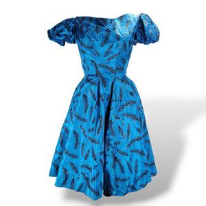 Vintage 50s Cocktail Dress Size S/M Blue Velvet Flocked Taffeta Puff Sleeve Bow